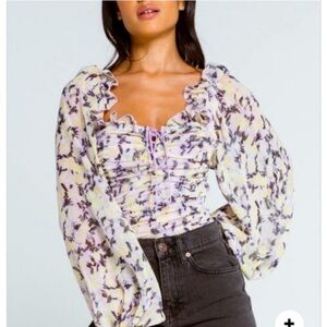 Free People Mabel Print Blouse Top Purple Yellow White Medium Long Sleeve Corset